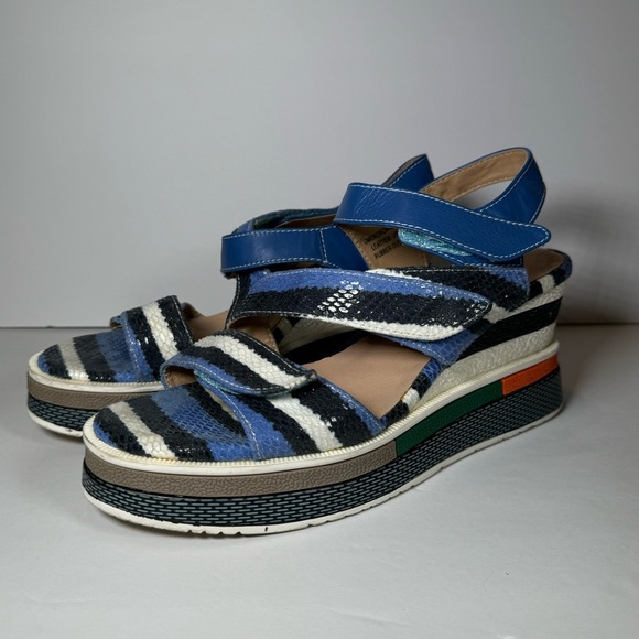 L’ATISTE Women’s Wedges Sandals EU 41 US 9.5 10 Blue White Boho Art to Wear - Picture 1 of 9